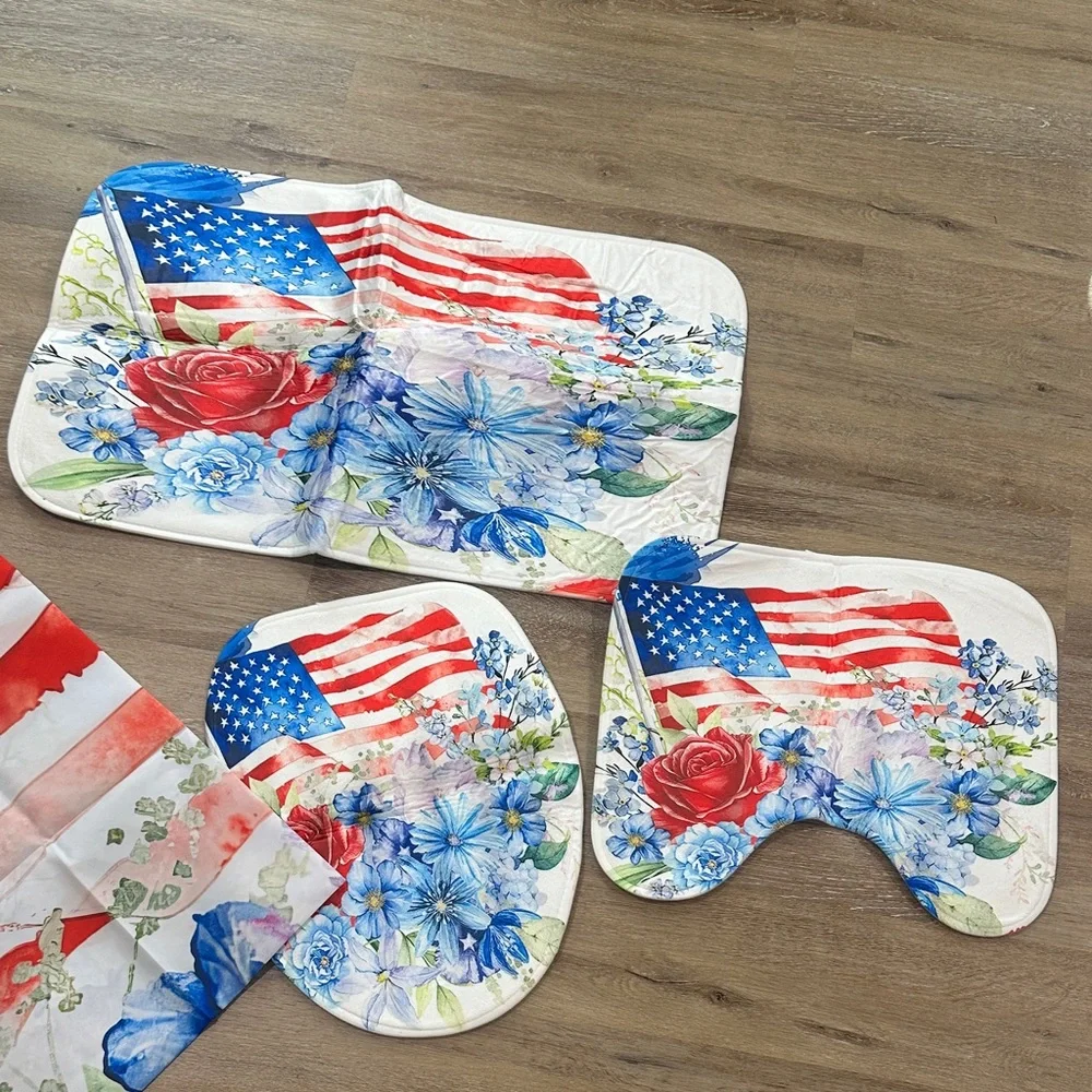 Floral American Flag Bath Mat Set - 4th of July -
